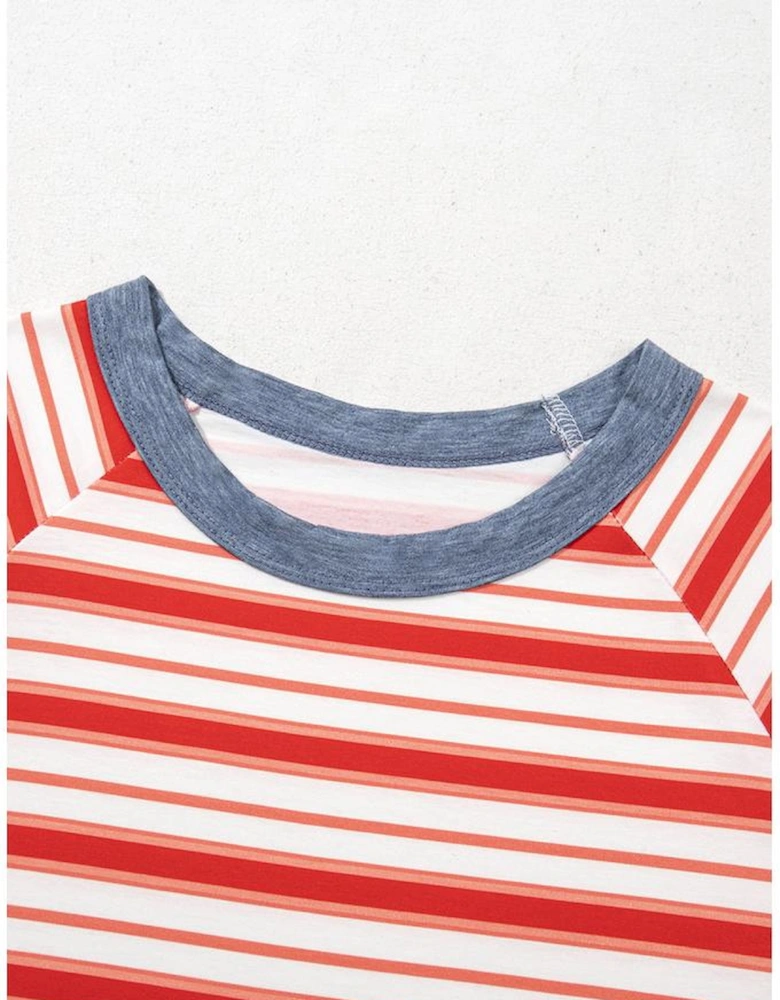Tomato Red Stripe Print Contrast Collar Raglan Sleeve T Shirt