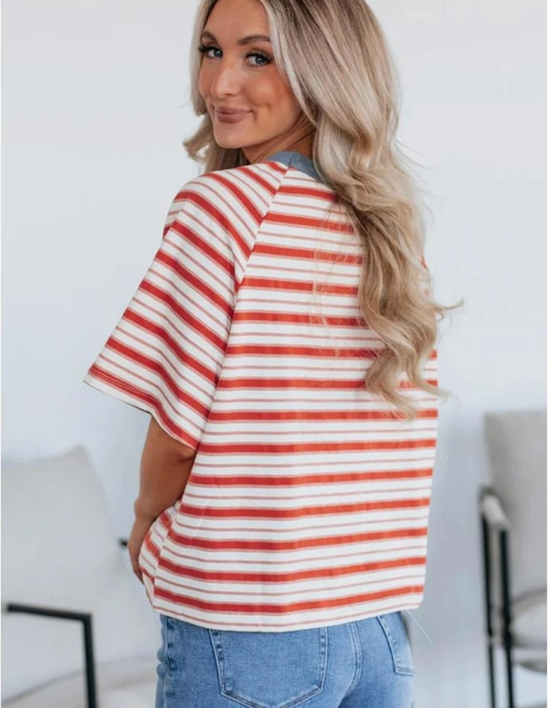 Tomato Red Stripe Print Contrast Collar Raglan Sleeve T Shirt