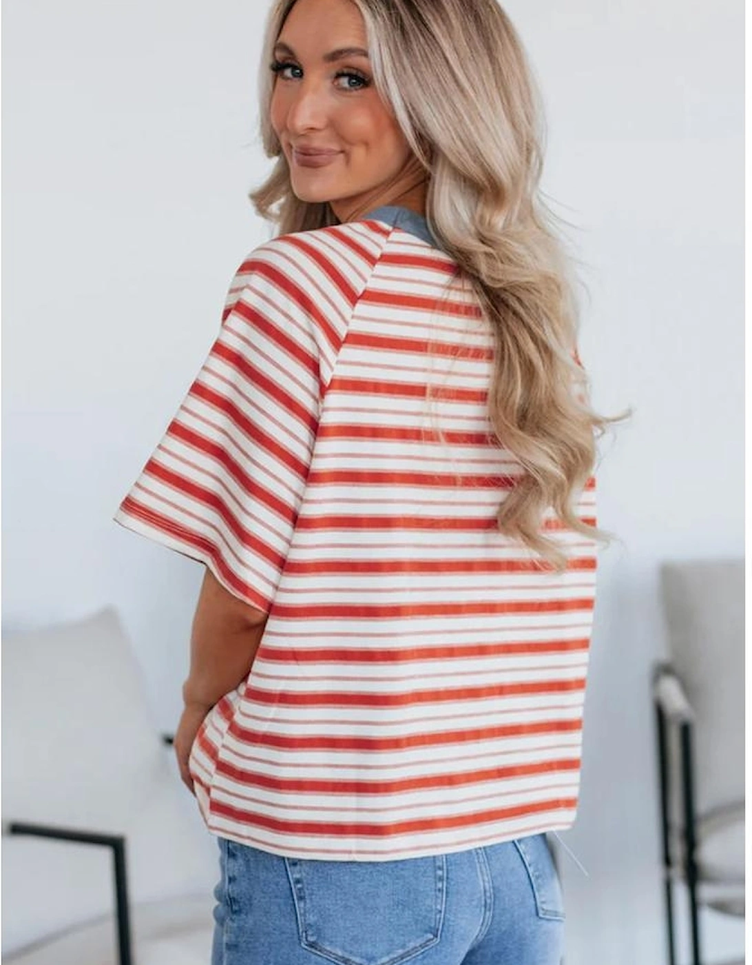 Tomato Red Stripe Print Contrast Collar Raglan Sleeve T Shirt, 11 of 10