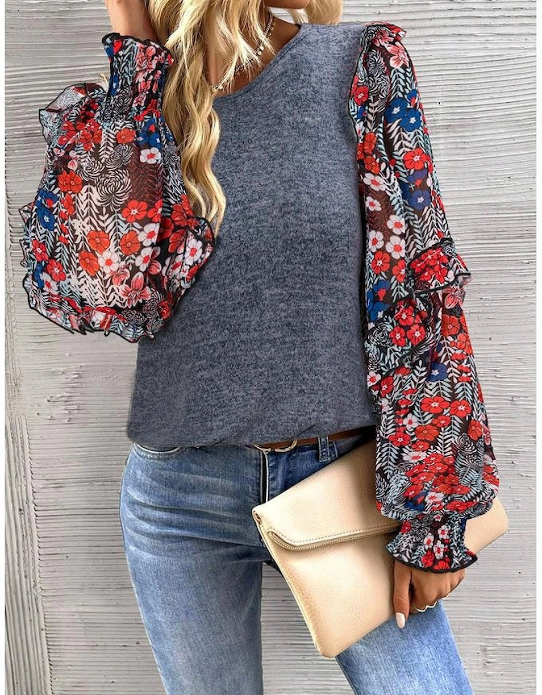 Blue Ruffle Tiered Floral Sleeve Crew Neck Blouse