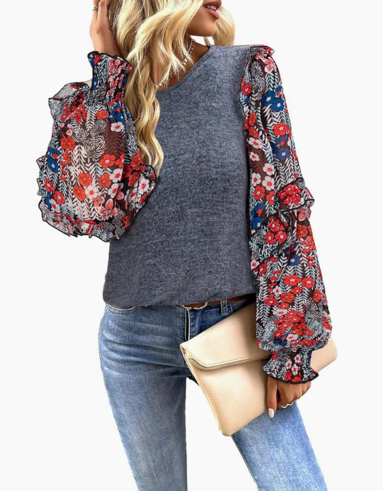 Blue Ruffle Tiered Floral Sleeve Crew Neck Blouse