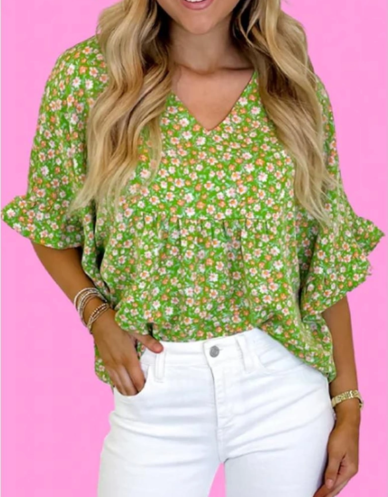 Green Floral Print Ruffle Sleeve V Neck Blouse Top