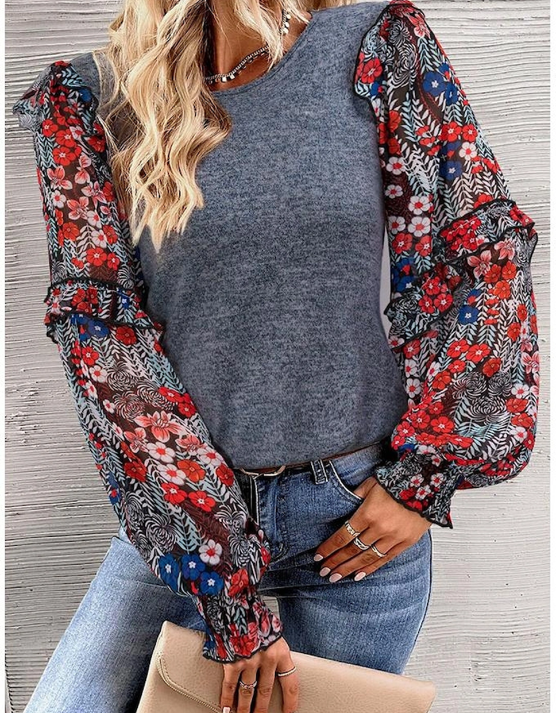 Blue Ruffle Tiered Floral Sleeve Crew Neck Blouse
