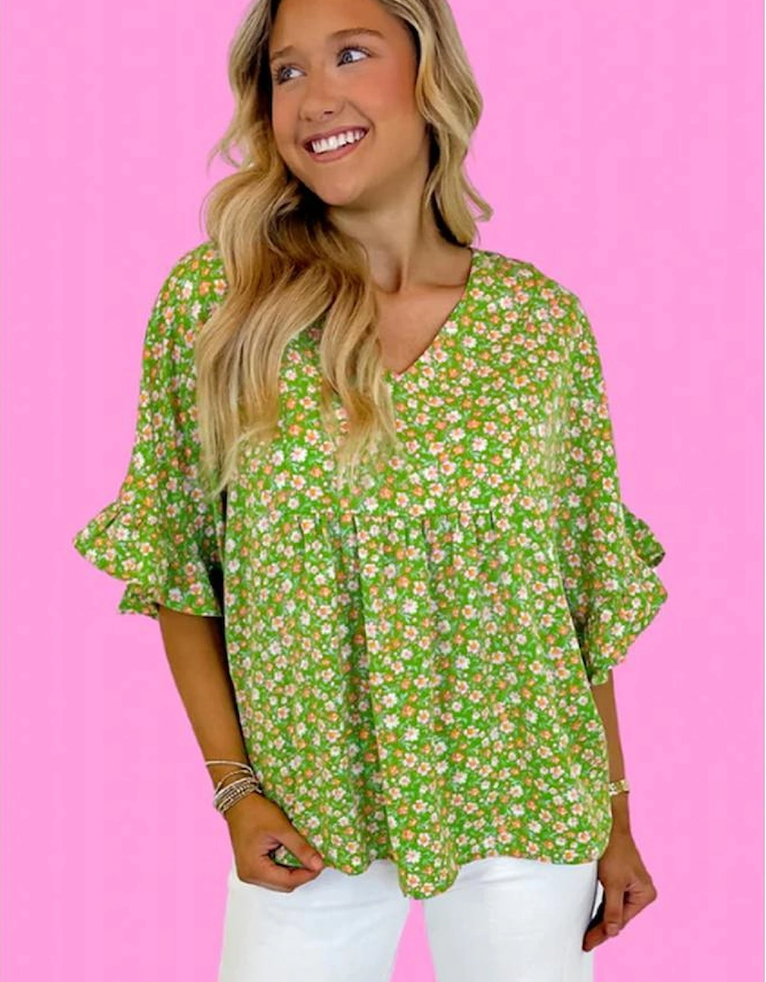 Green Floral Print Ruffle Sleeve V Neck Blouse Top, 5 of 4