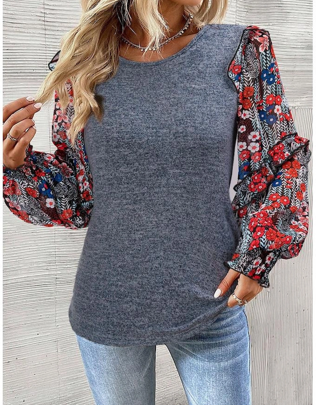 Blue Ruffle Tiered Floral Sleeve Crew Neck Blouse