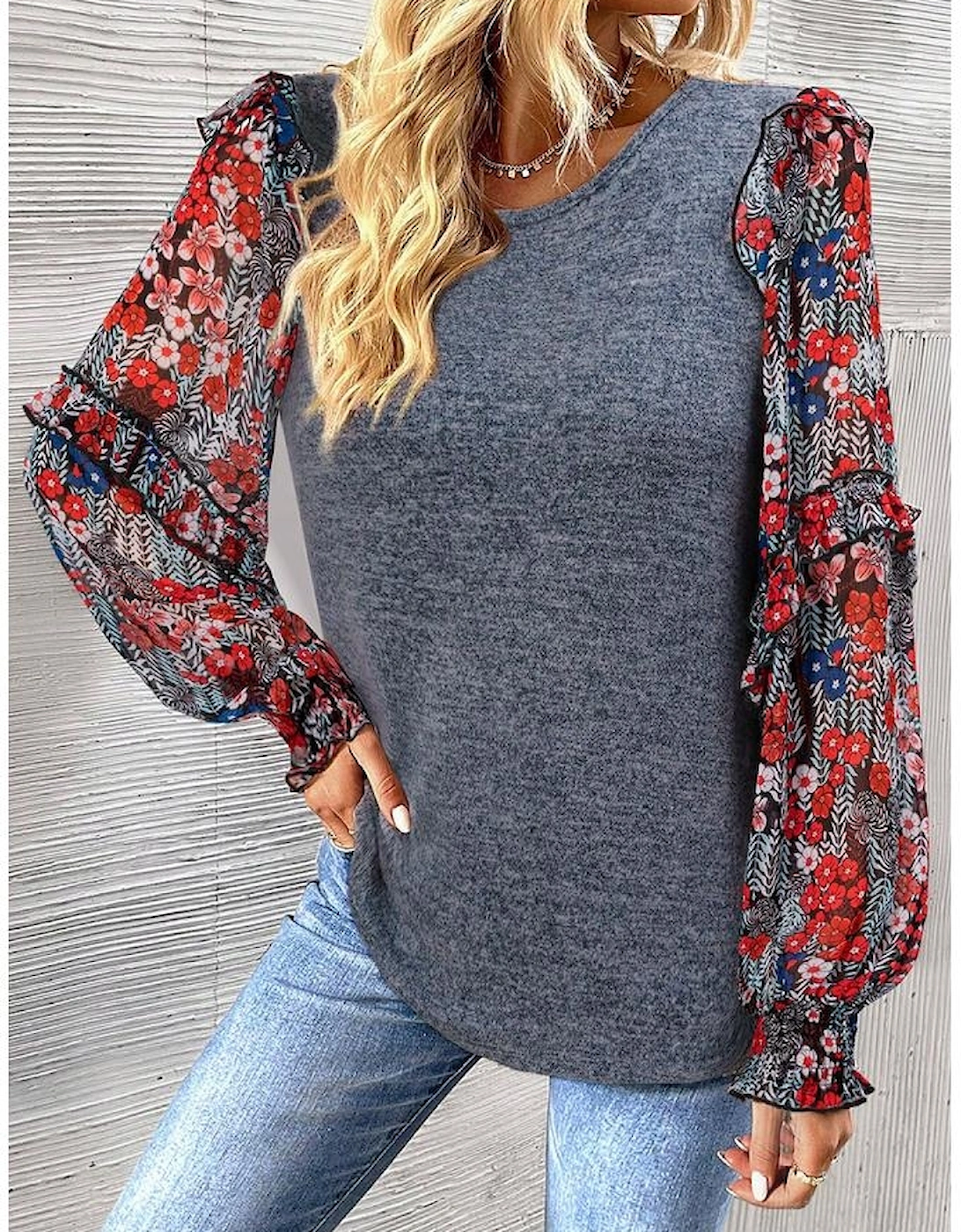 Blue Ruffle Tiered Floral Sleeve Crew Neck Blouse