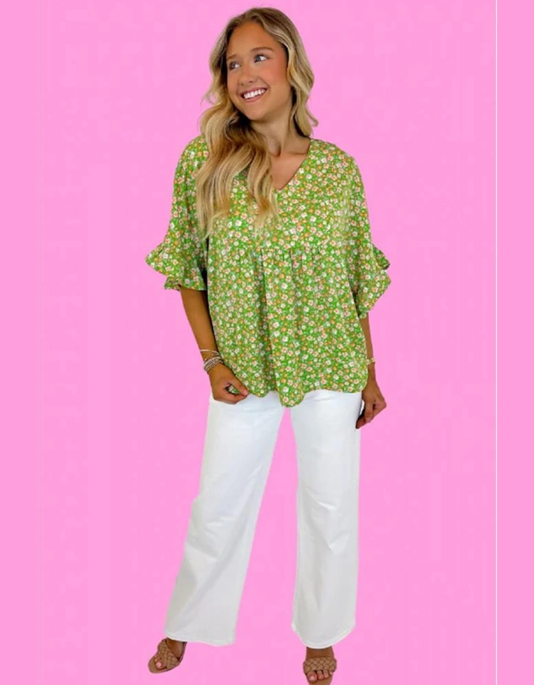 Green Floral Print Ruffle Sleeve V Neck Blouse Top