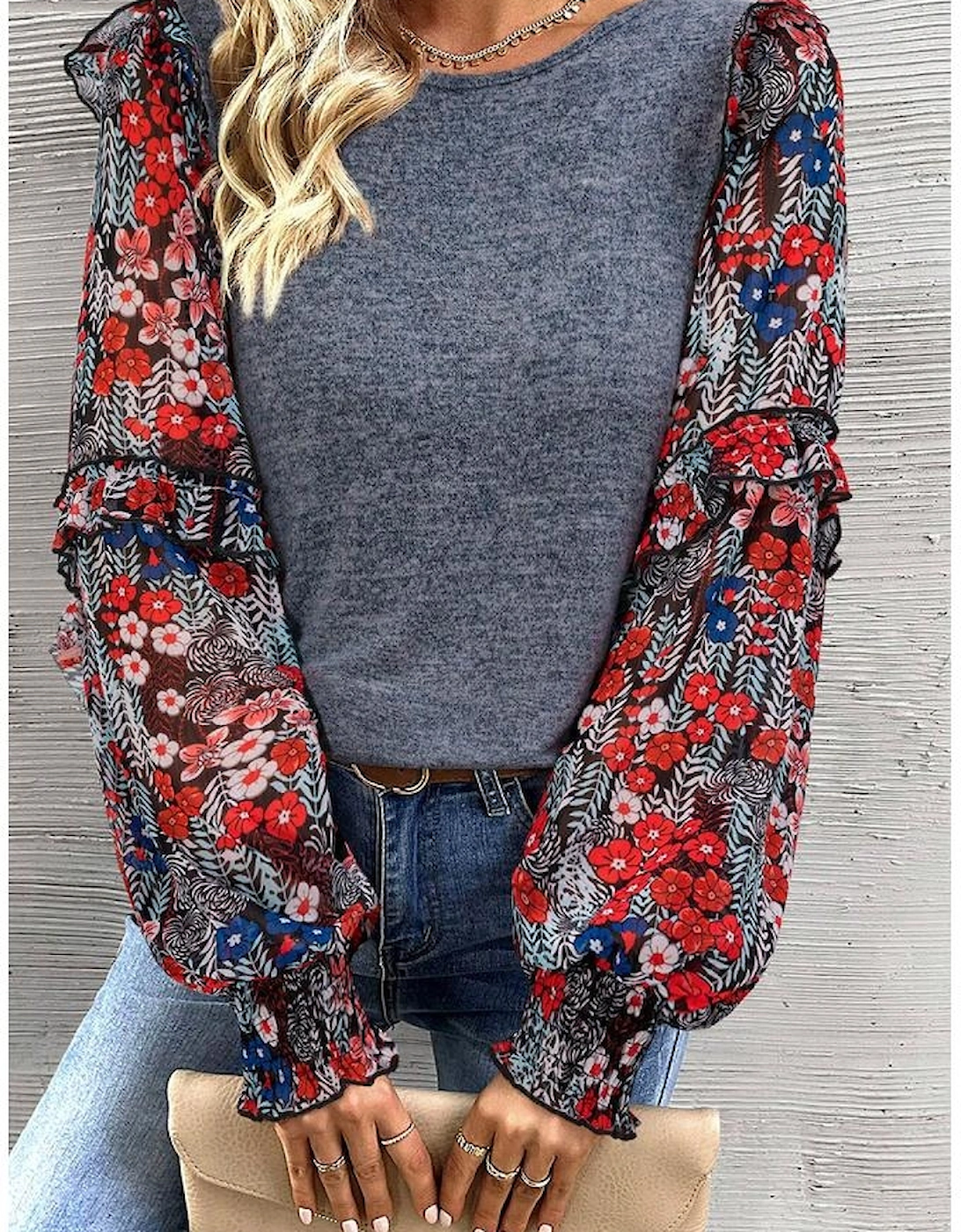 Blue Ruffle Tiered Floral Sleeve Crew Neck Blouse