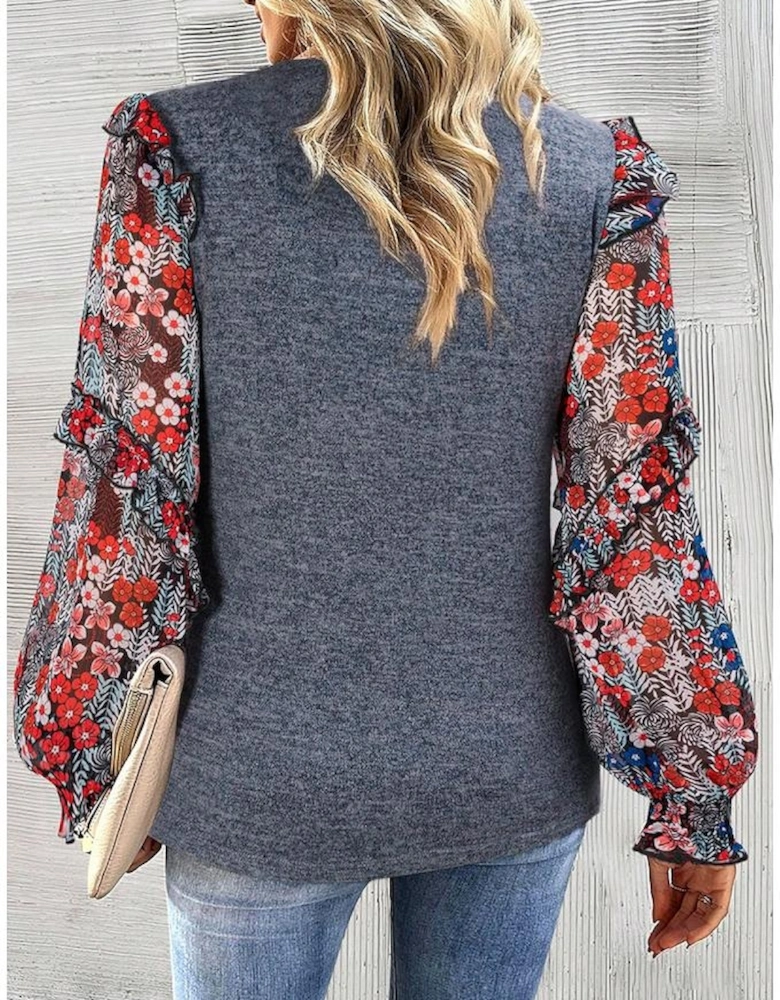 Blue Ruffle Tiered Floral Sleeve Crew Neck Blouse