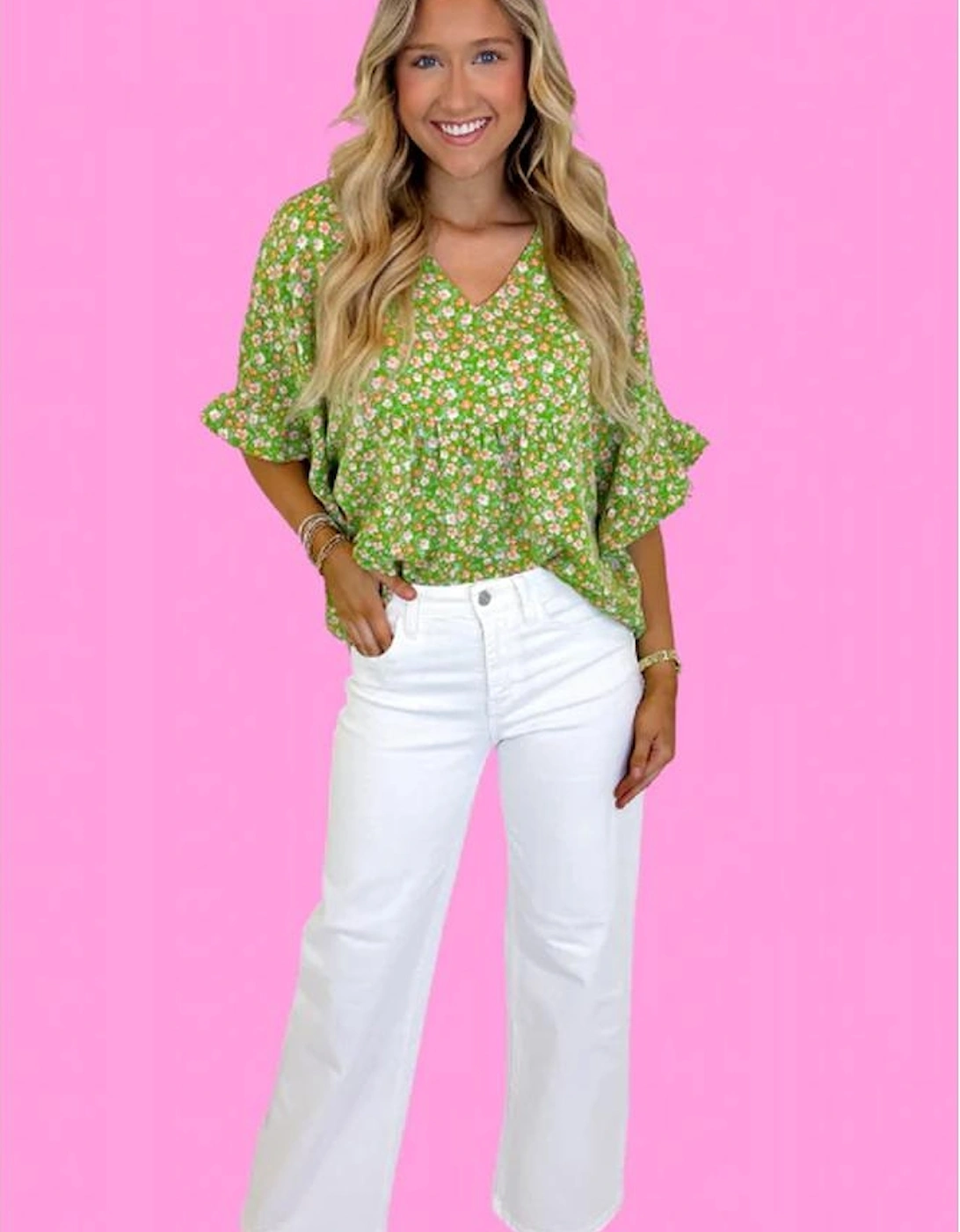Green Floral Print Ruffle Sleeve V Neck Blouse Top