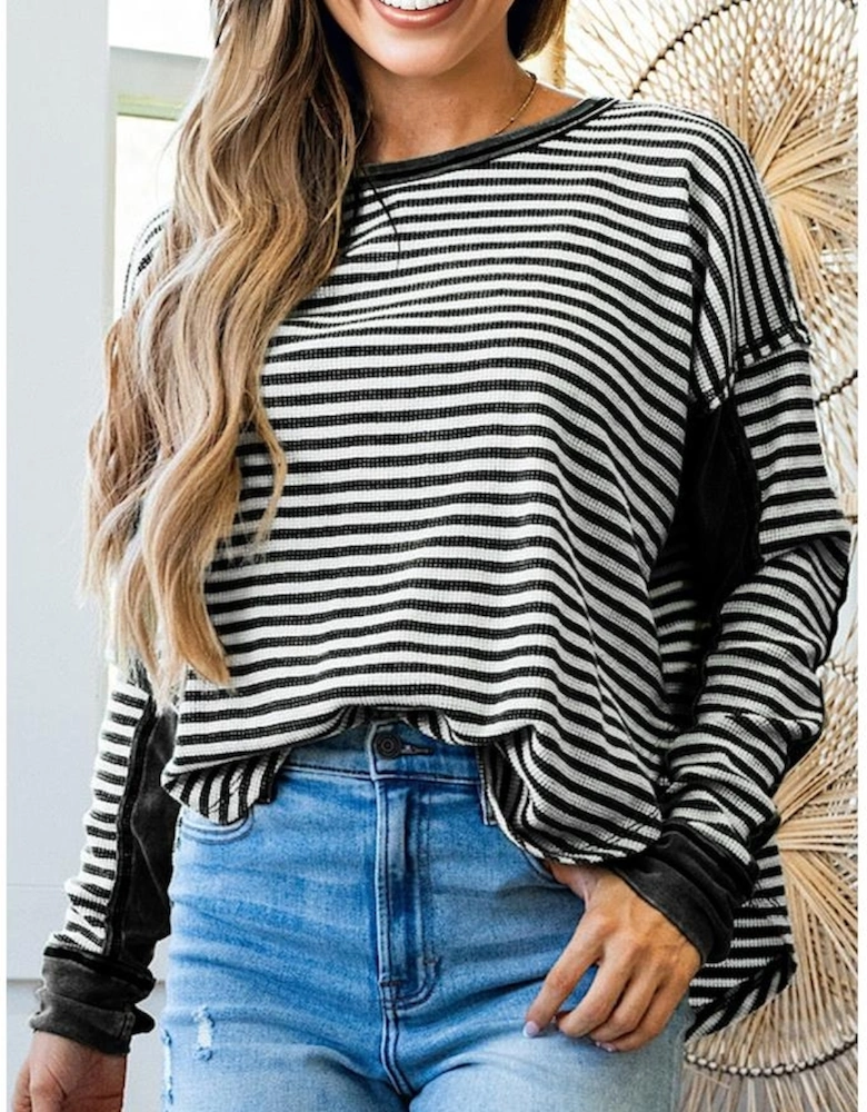 Black Stripe Thermal Knit Drop Shoulder Casual Top
