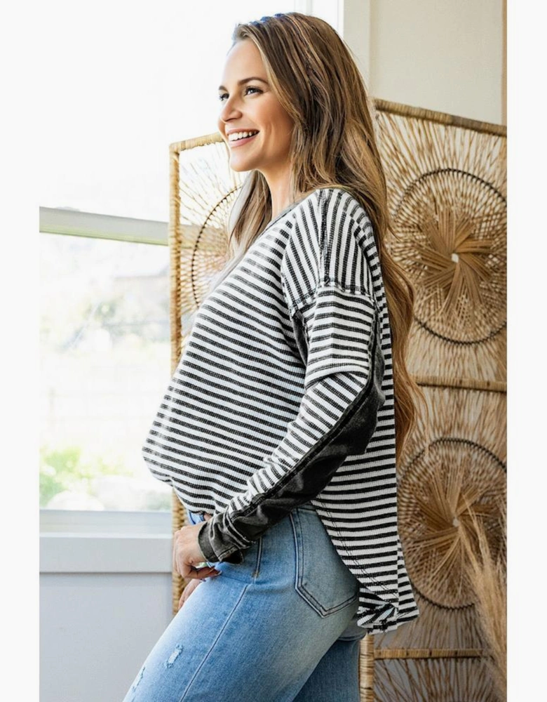Black Stripe Thermal Knit Drop Shoulder Casual Top