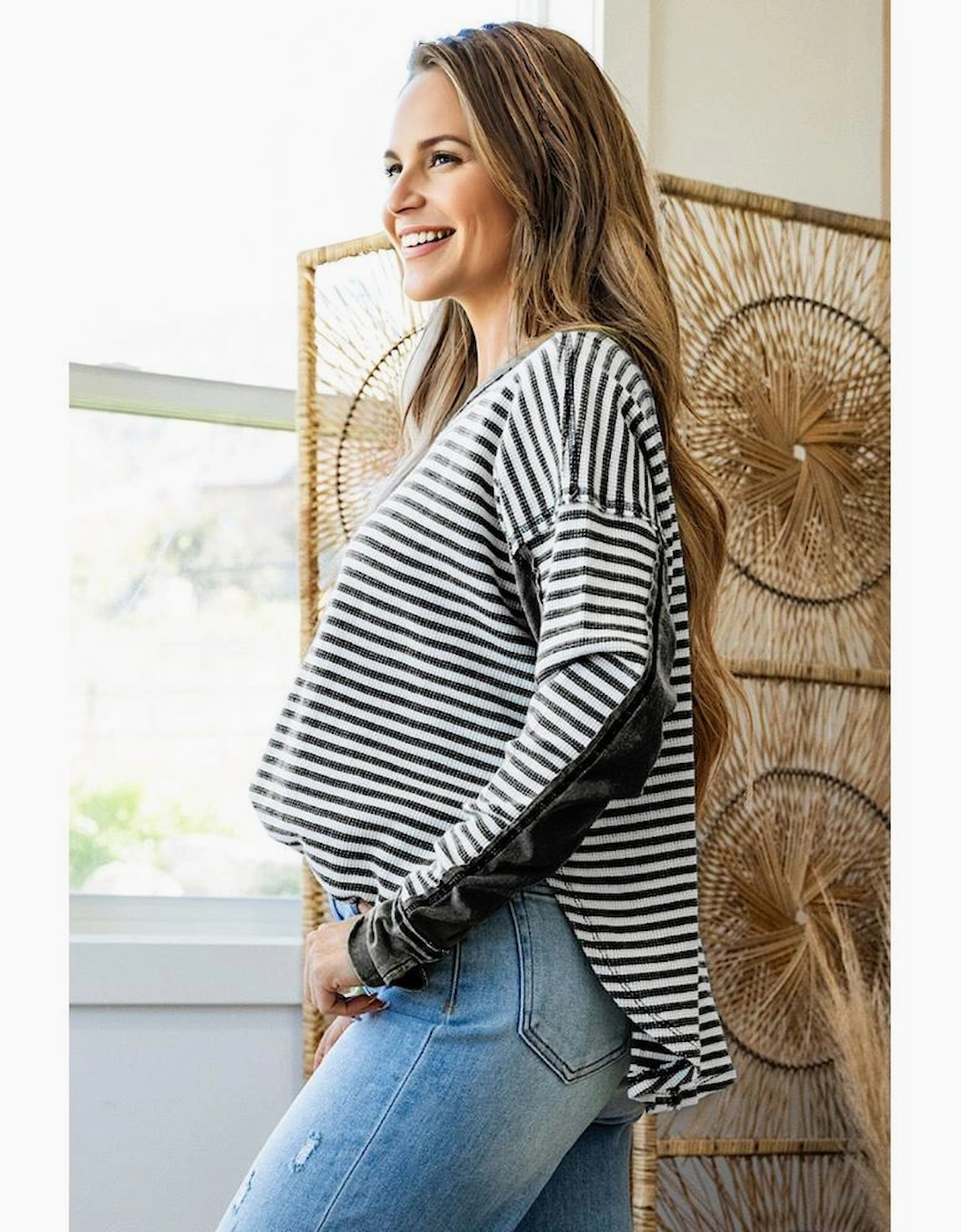 Black Stripe Thermal Knit Drop Shoulder Casual Top