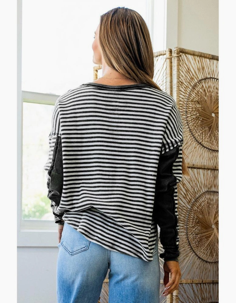 Black Stripe Thermal Knit Drop Shoulder Casual Top
