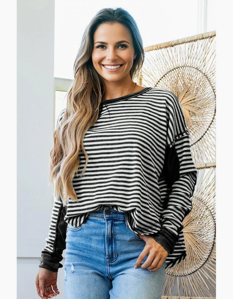 Black Stripe Thermal Knit Drop Shoulder Casual Top