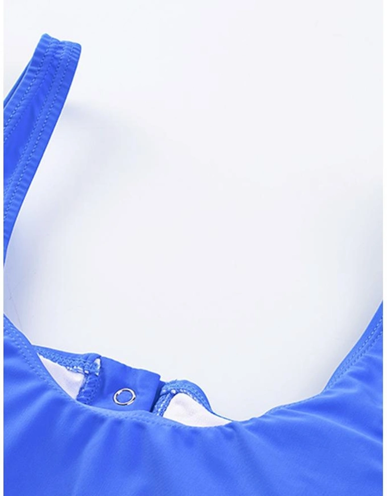 Blue Square Neck Sleeveless Fashion Print Tankini Set