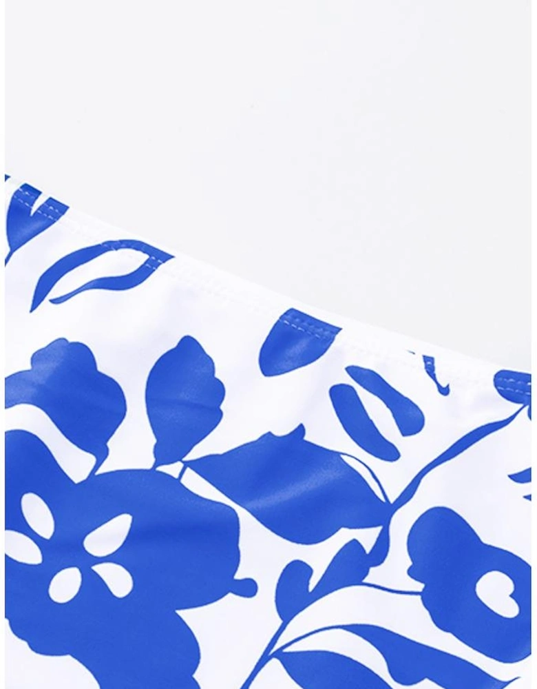 Blue Square Neck Sleeveless Fashion Print Tankini Set