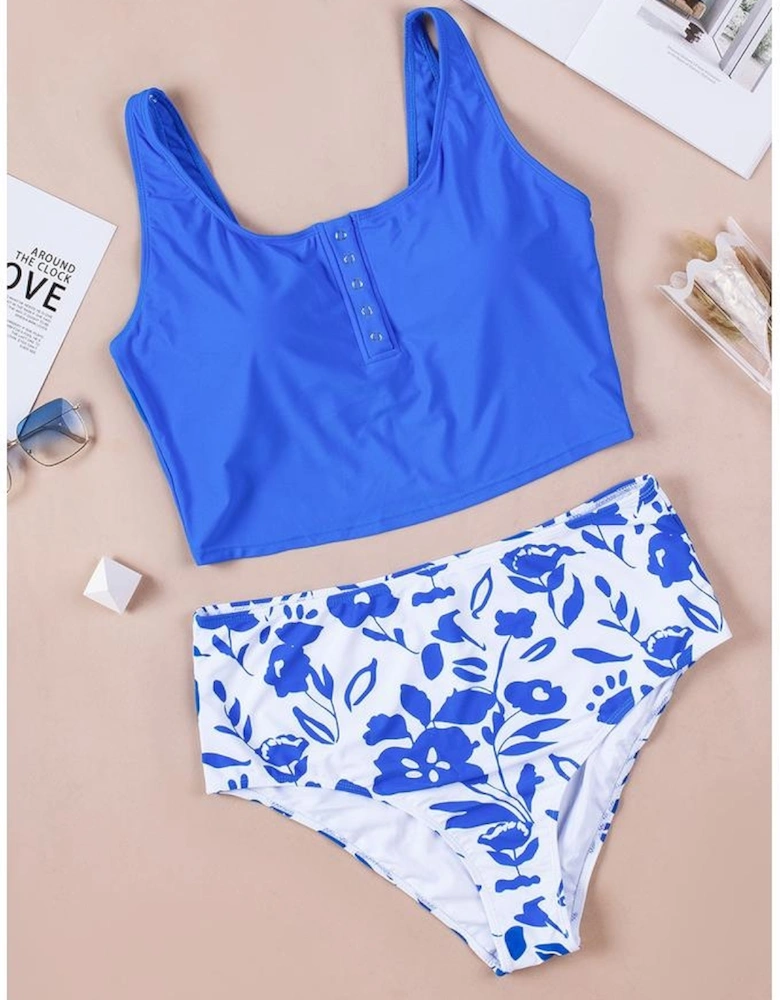 Blue Square Neck Sleeveless Fashion Print Tankini Set