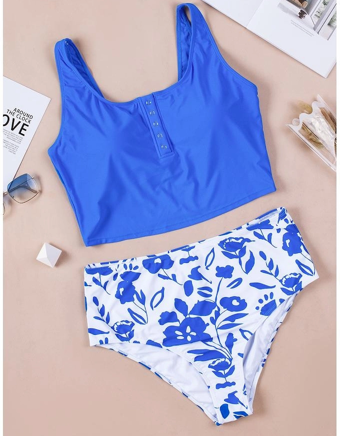 Blue Square Neck Sleeveless Fashion Print Tankini Set