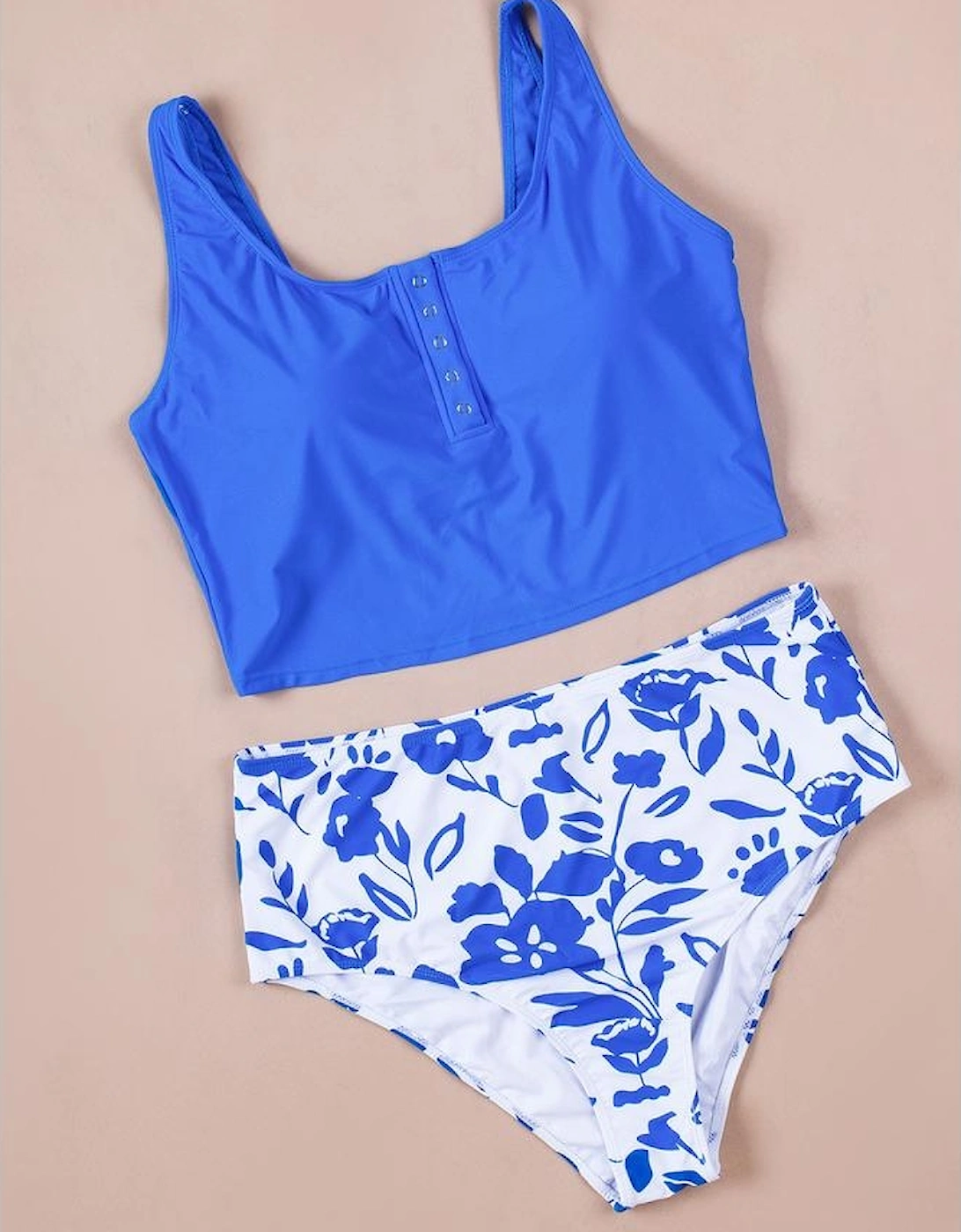 Blue Square Neck Sleeveless Fashion Print Tankini Set