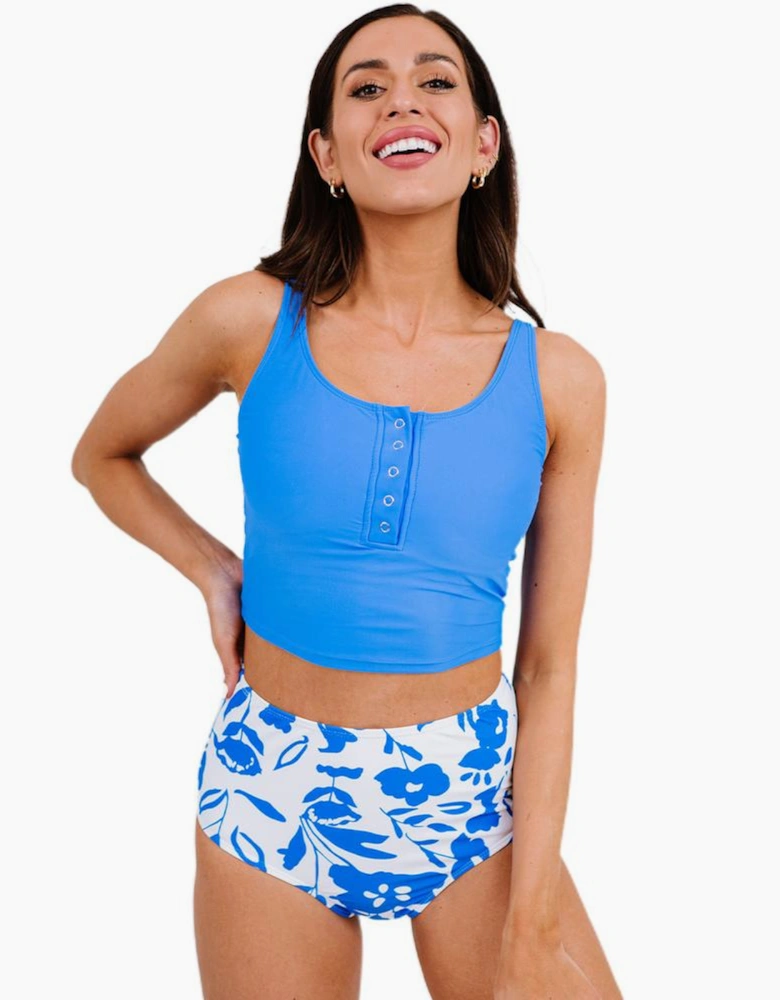 Blue Square Neck Sleeveless Fashion Print Tankini Set