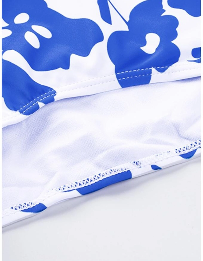 Blue Square Neck Sleeveless Fashion Print Tankini Set