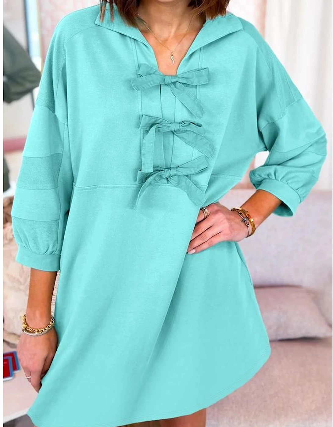 Moonlight Jade Bow Front Bracelet Sleeve Collared Side Pocket Shift Mini Dress