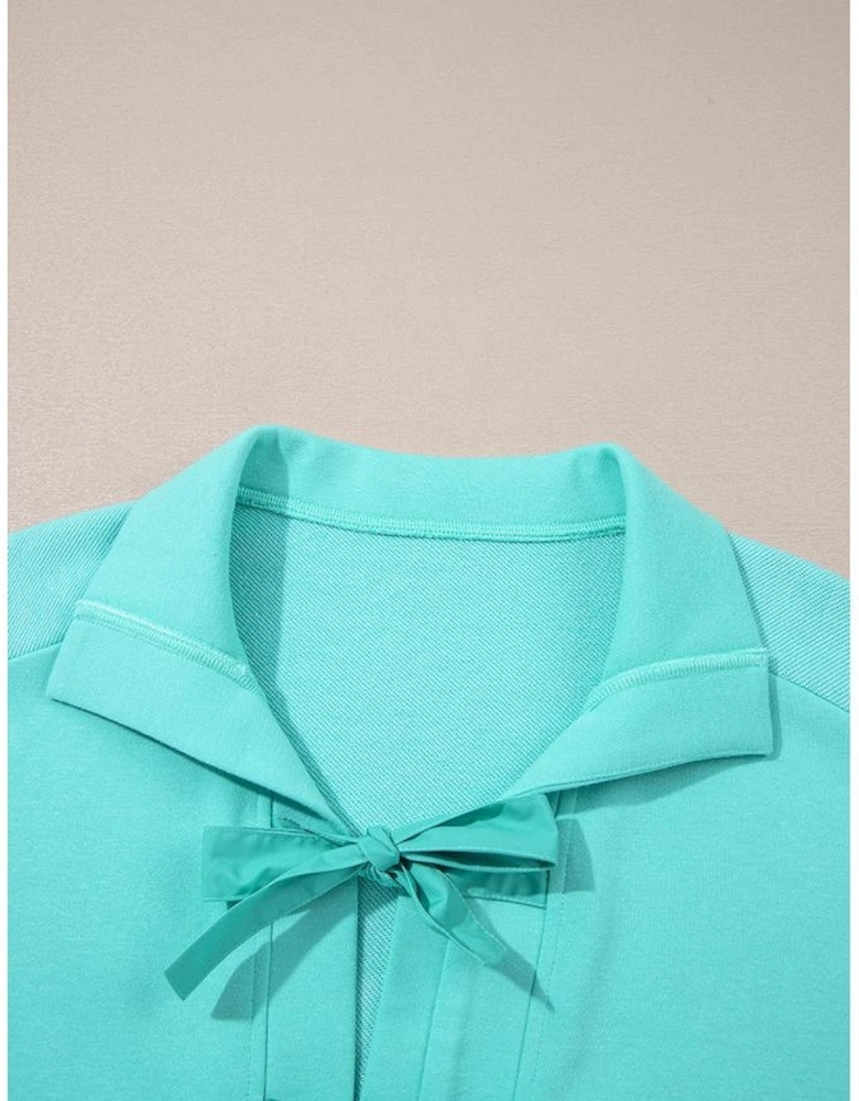 Moonlight Jade Bow Front Bracelet Sleeve Collared Side Pocket Shift Mini Dress