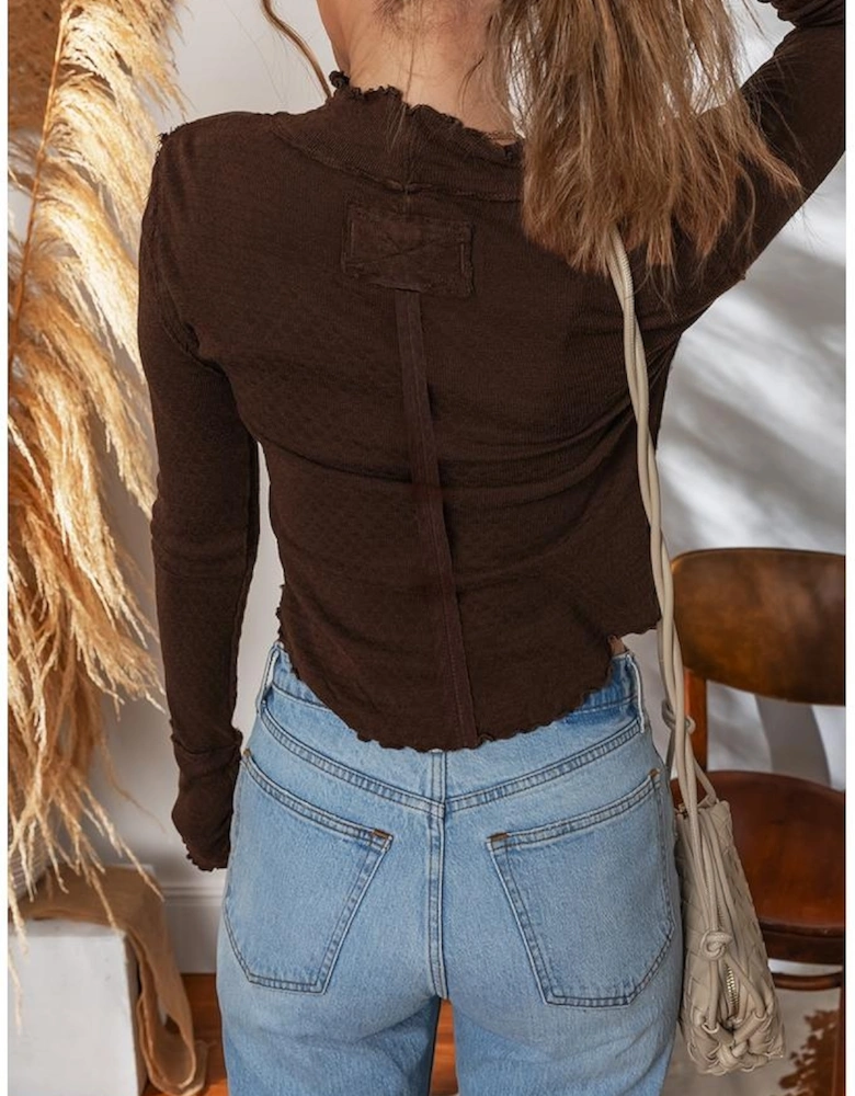 Cinnamon Lettuce Trim Raw Seam Patchwork Jacquard Long Sleeve Top