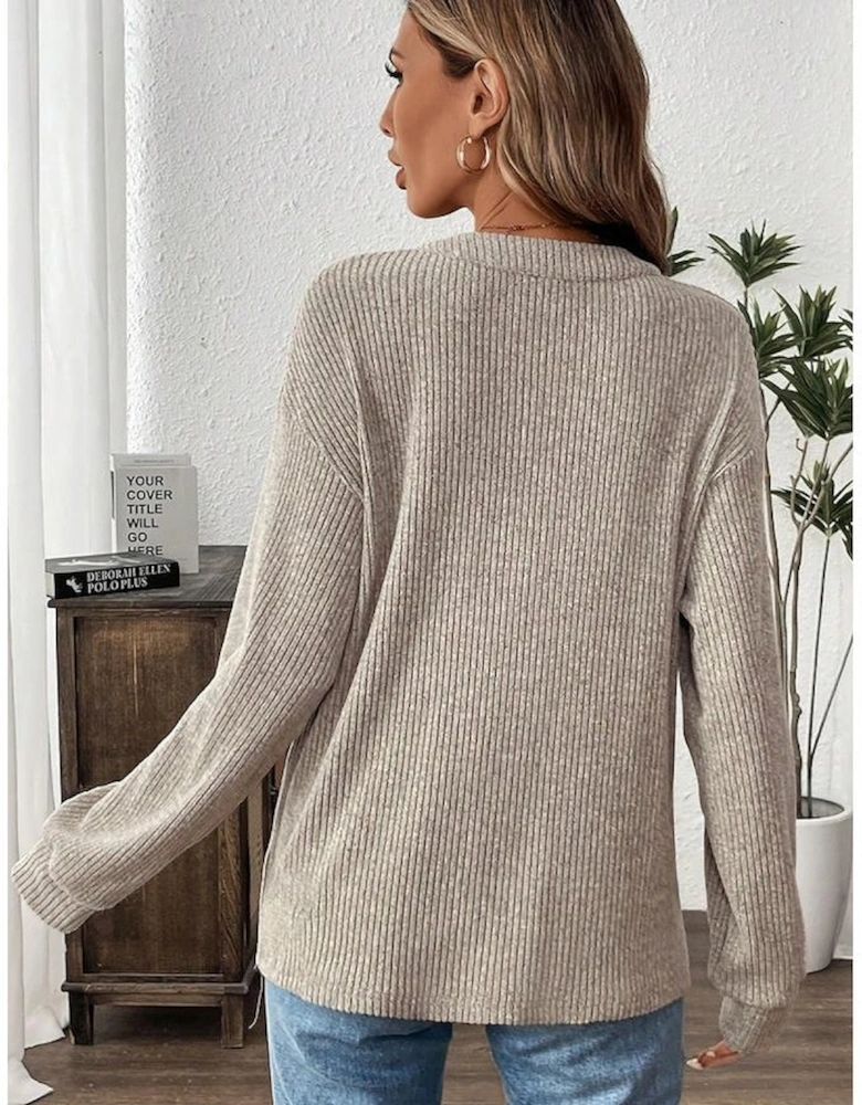 Simply Taupe Ribbed Texture Drop Shoulder Henley Knit Top