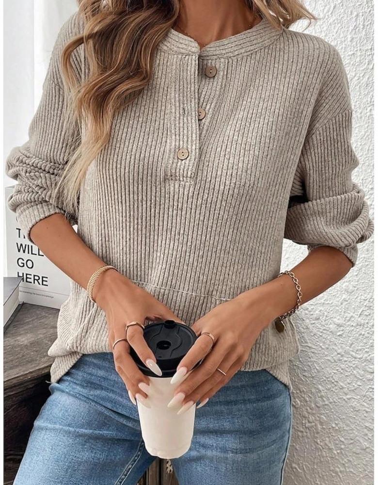 Simply Taupe Ribbed Texture Drop Shoulder Henley Knit Top
