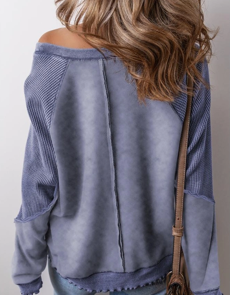 Sail Blue Solid Waffle Knit Patchwork Raglan Sleeve Sweatshirt