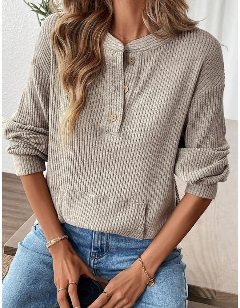 Simply Taupe Ribbed Texture Drop Shoulder Henley Knit Top