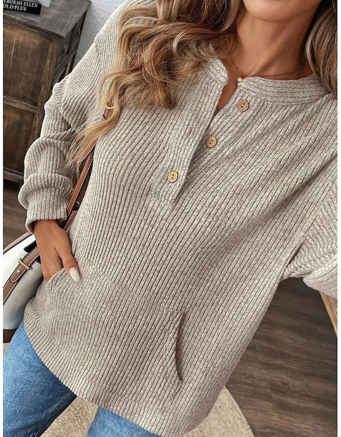 Simply Taupe Ribbed Texture Drop Shoulder Henley Knit Top