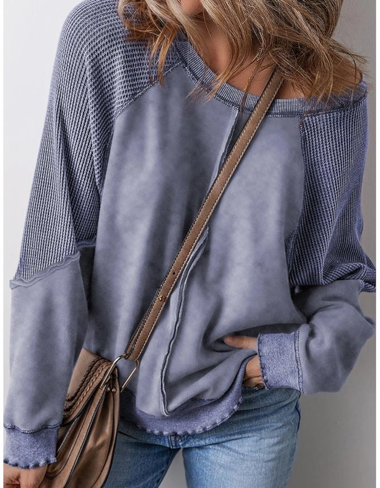 Sail Blue Solid Waffle Knit Patchwork Raglan Sleeve Sweatshirt