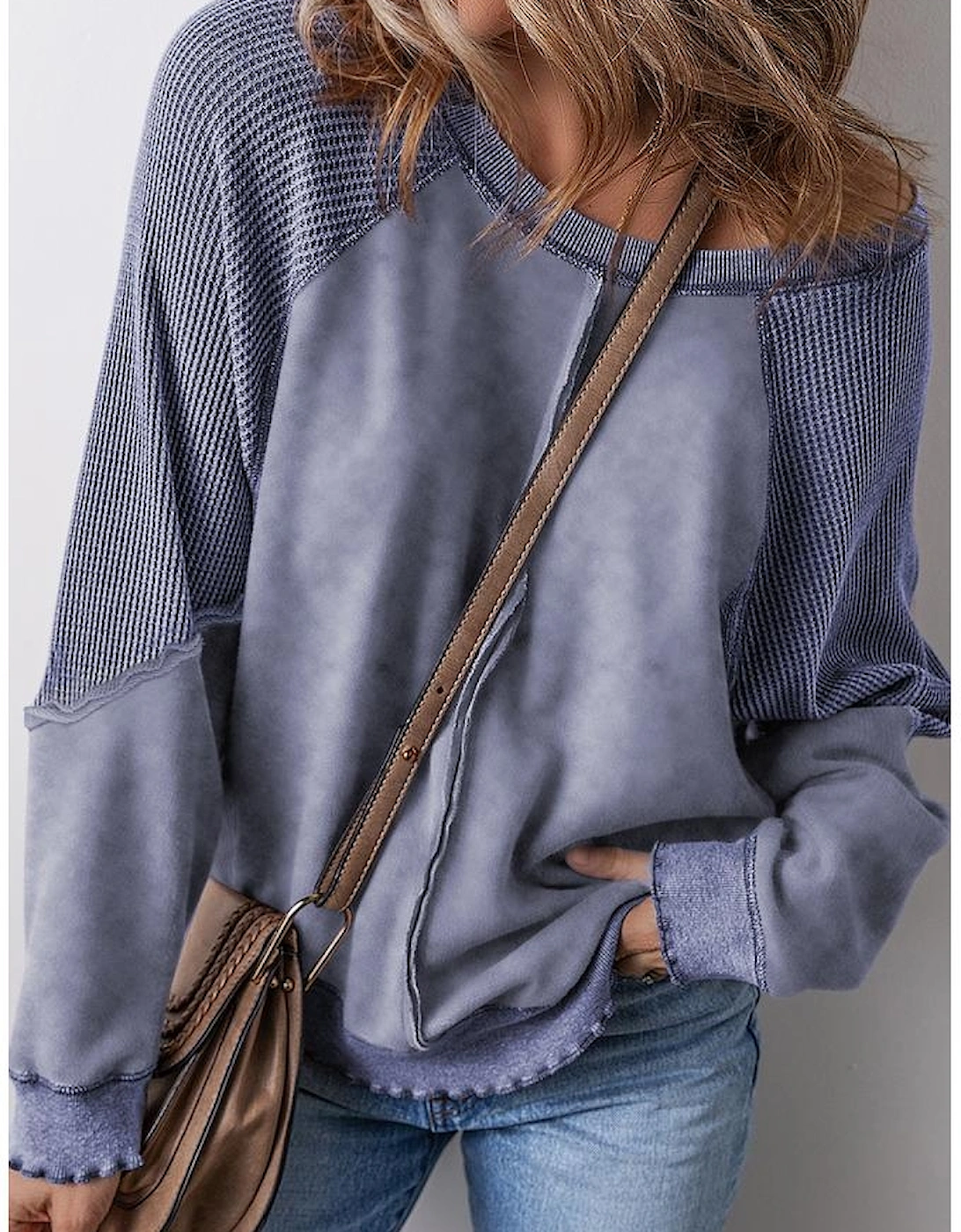 Sail Blue Solid Waffle Knit Patchwork Raglan Sleeve Sweatshirt