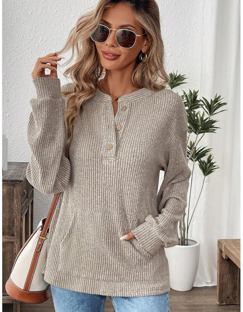 Simply Taupe Ribbed Texture Drop Shoulder Henley Knit Top