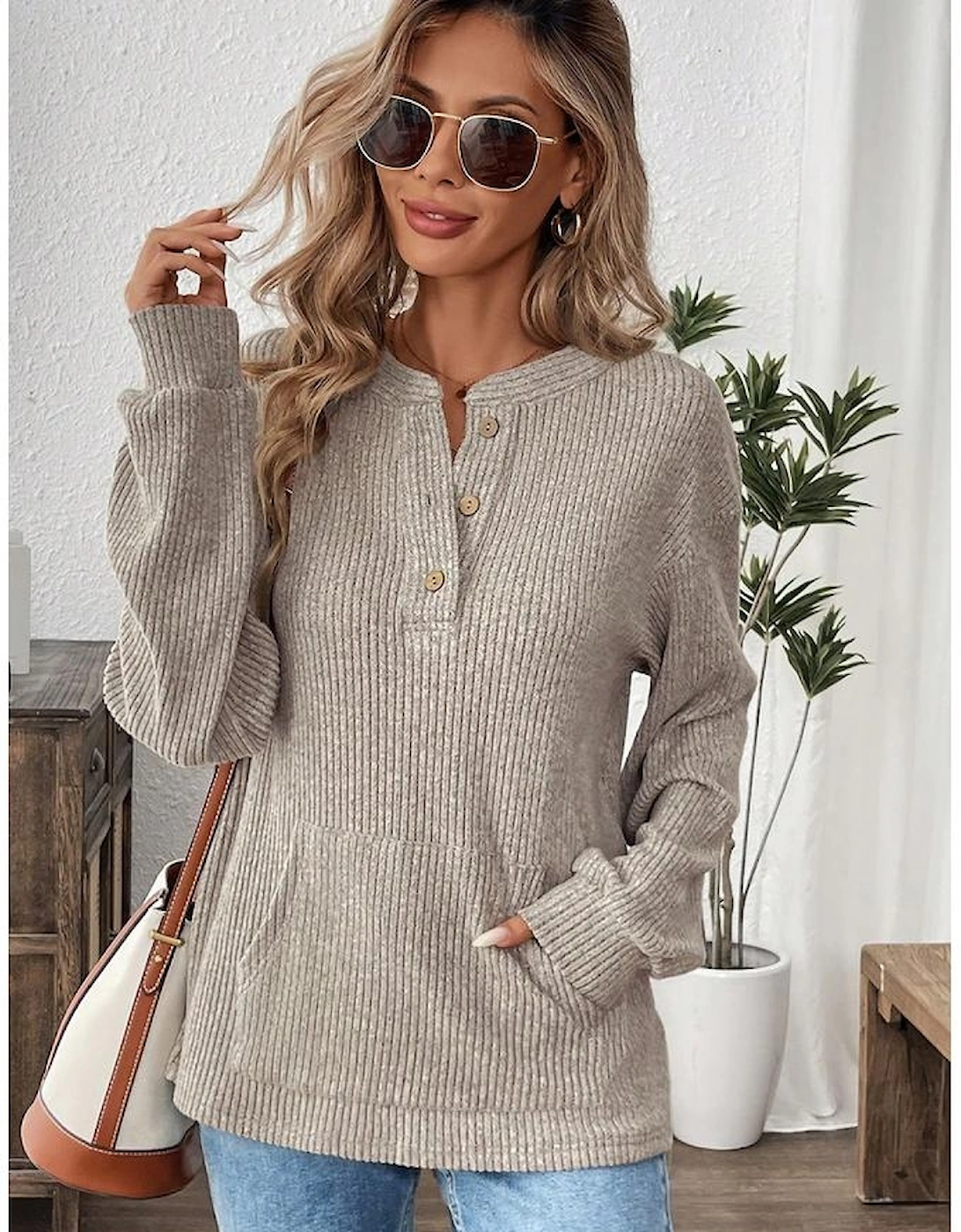 Simply Taupe Ribbed Texture Drop Shoulder Henley Knit Top