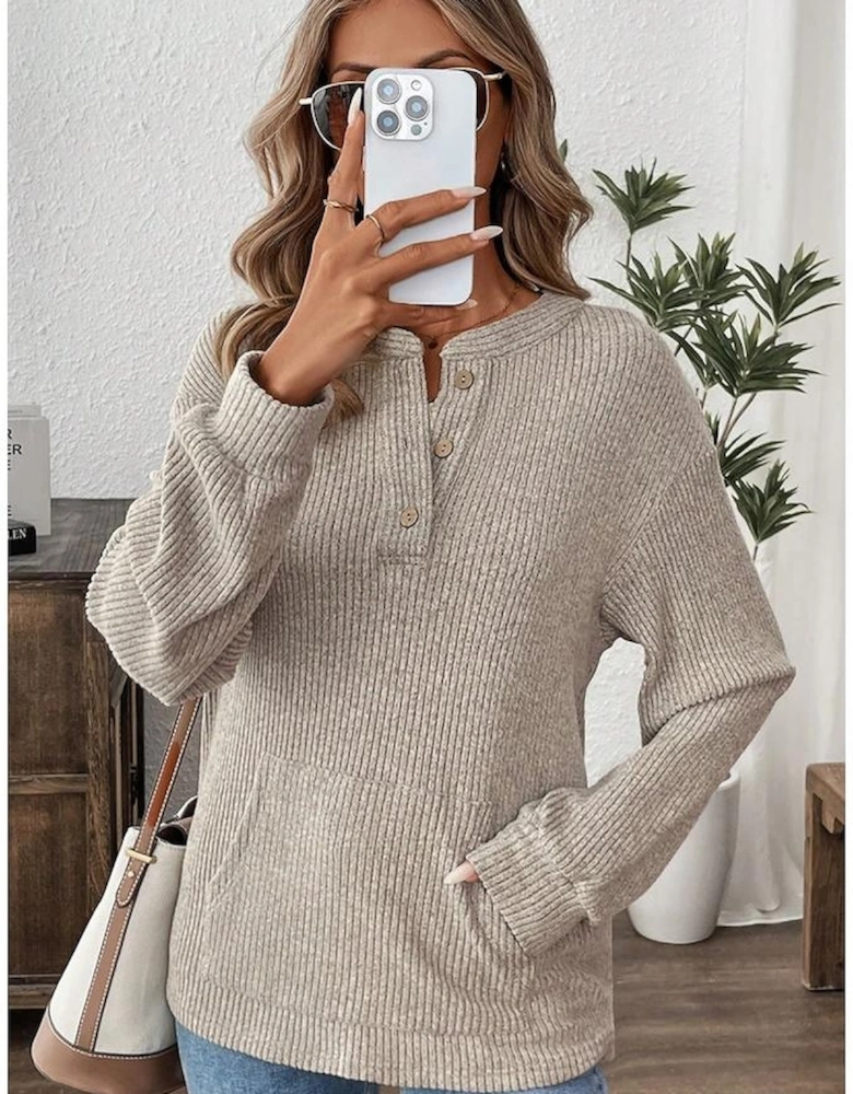 Simply Taupe Ribbed Texture Drop Shoulder Henley Knit Top