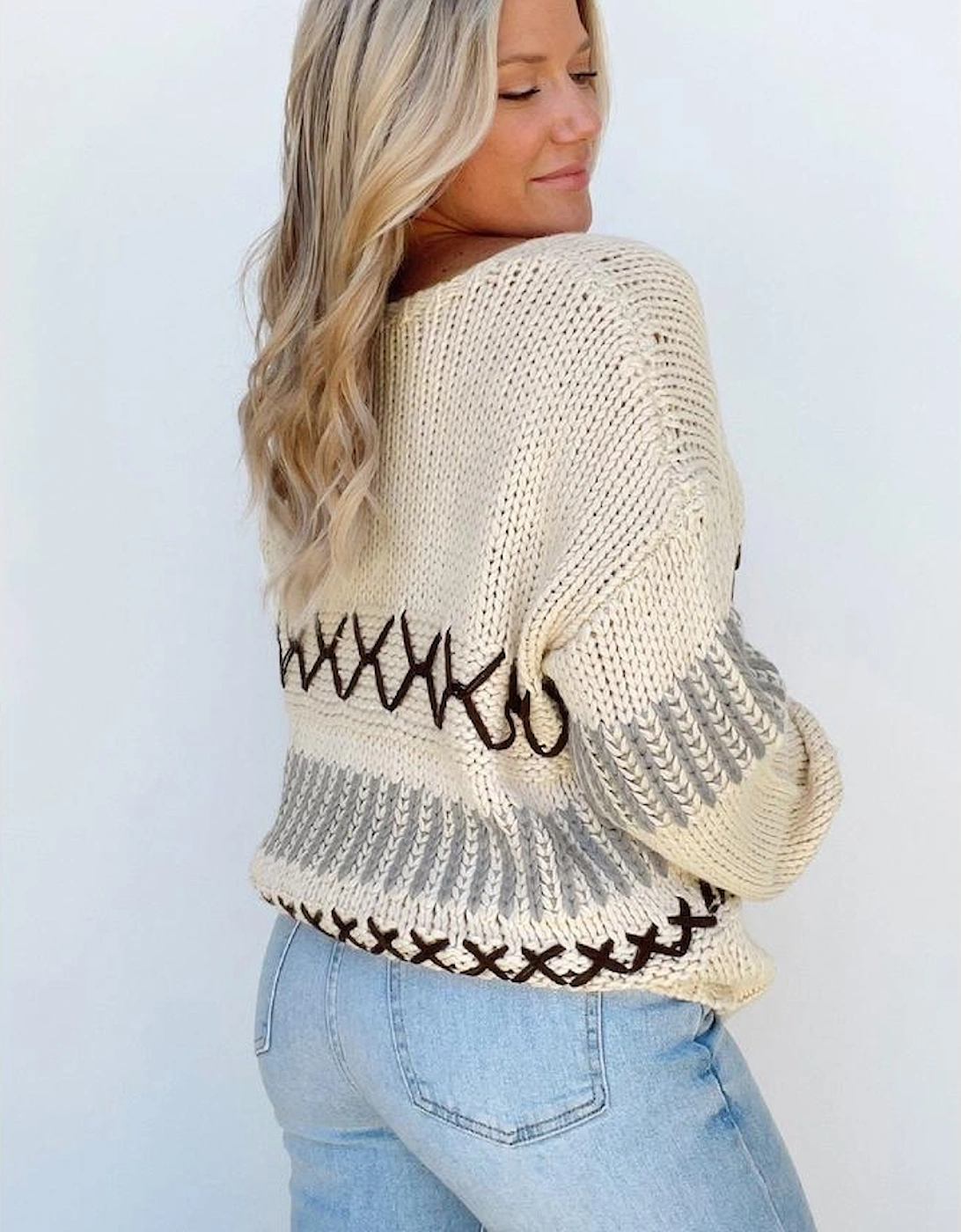 Parchment Contrast Stitch Detail V Neck Drop Shoulder Sweater, 12 of 11