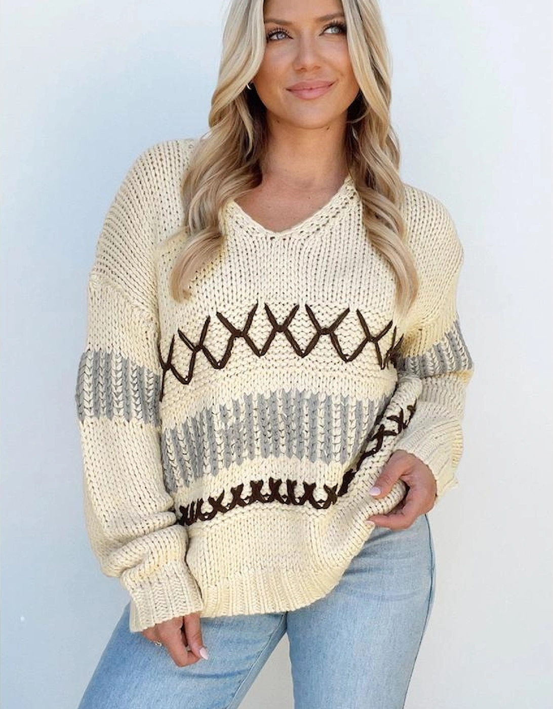 Parchment Contrast Stitch Detail V Neck Drop Shoulder Sweater