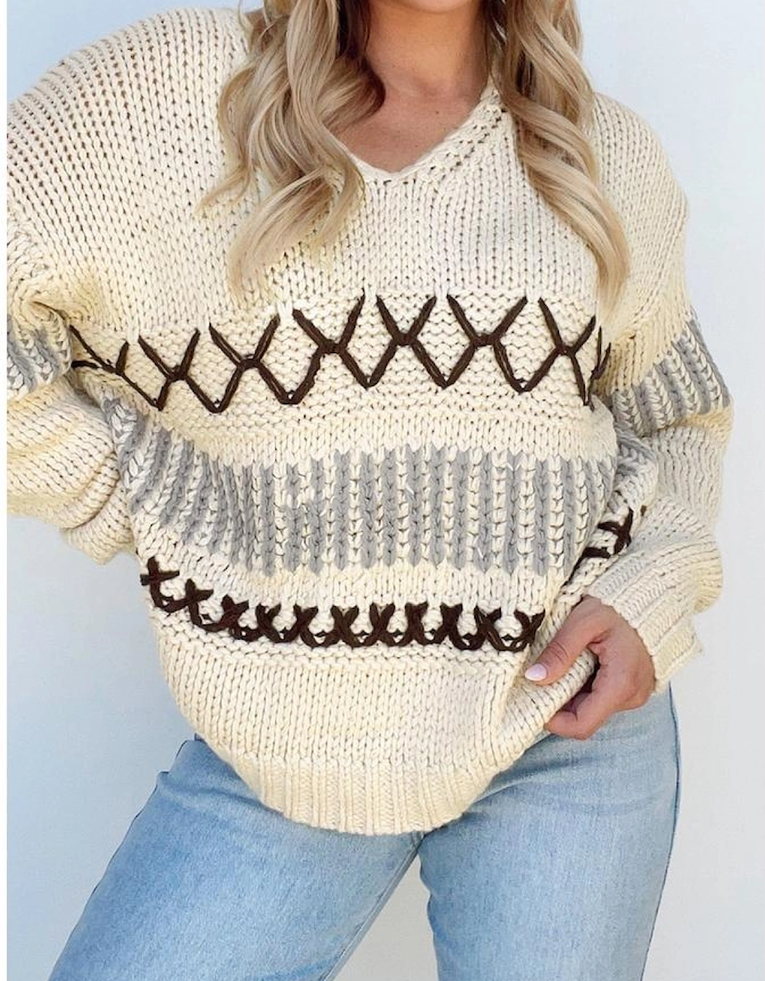 Parchment Contrast Stitch Detail V Neck Drop Shoulder Sweater