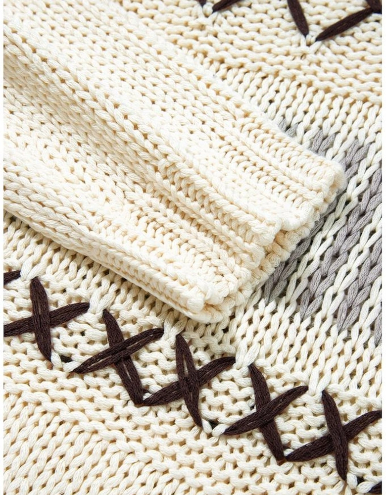 Parchment Contrast Stitch Detail V Neck Drop Shoulder Sweater