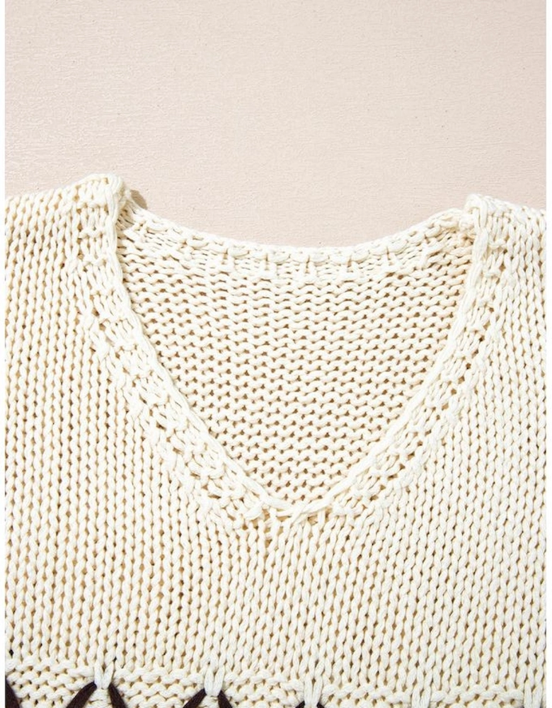 Parchment Contrast Stitch Detail V Neck Drop Shoulder Sweater