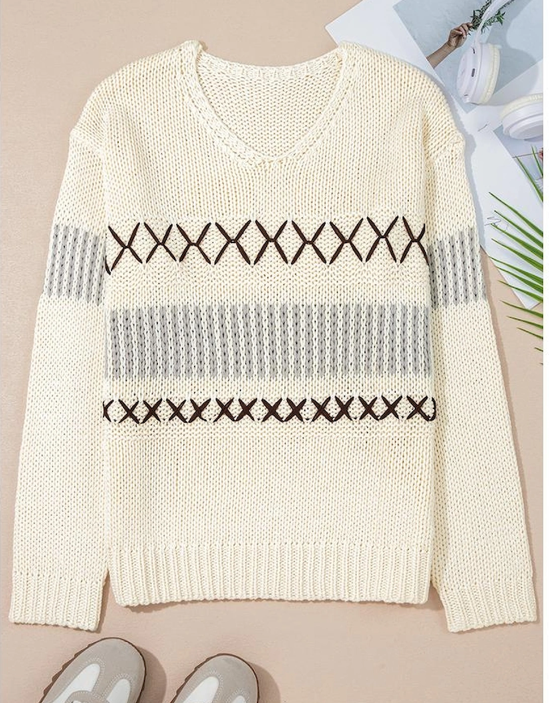 Parchment Contrast Stitch Detail V Neck Drop Shoulder Sweater