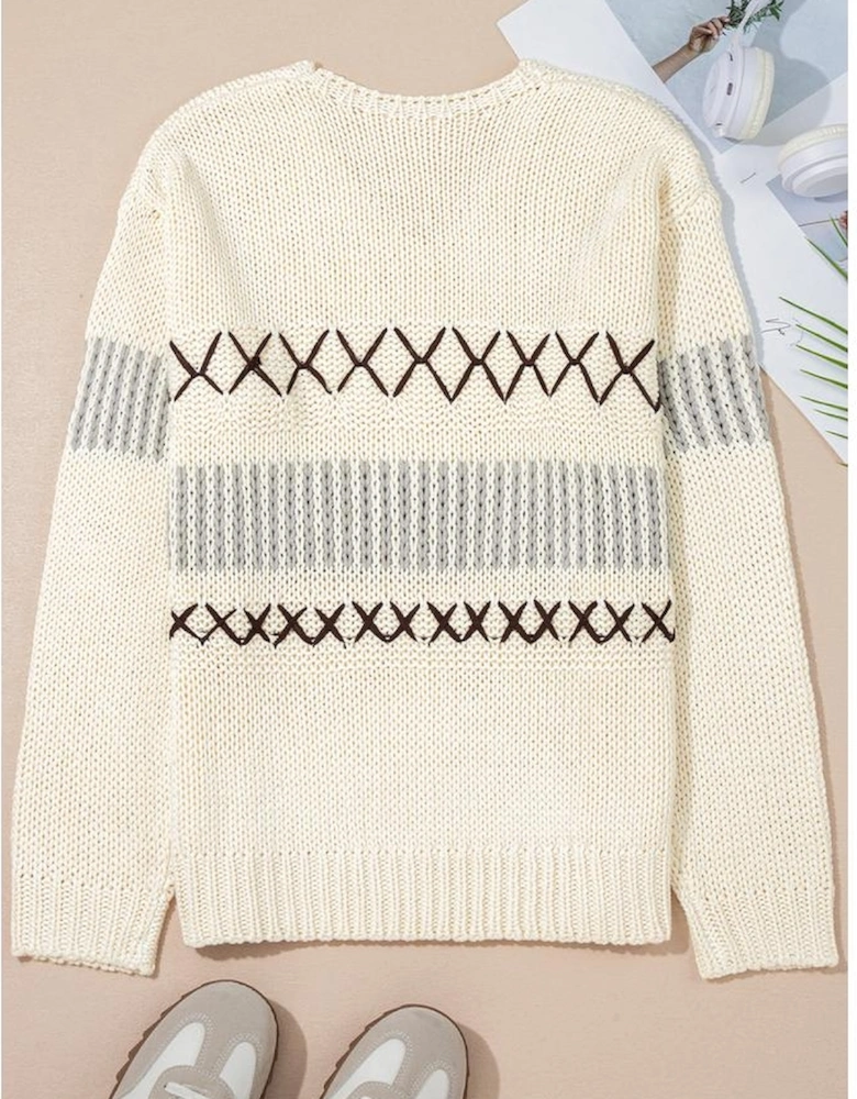 Parchment Contrast Stitch Detail V Neck Drop Shoulder Sweater