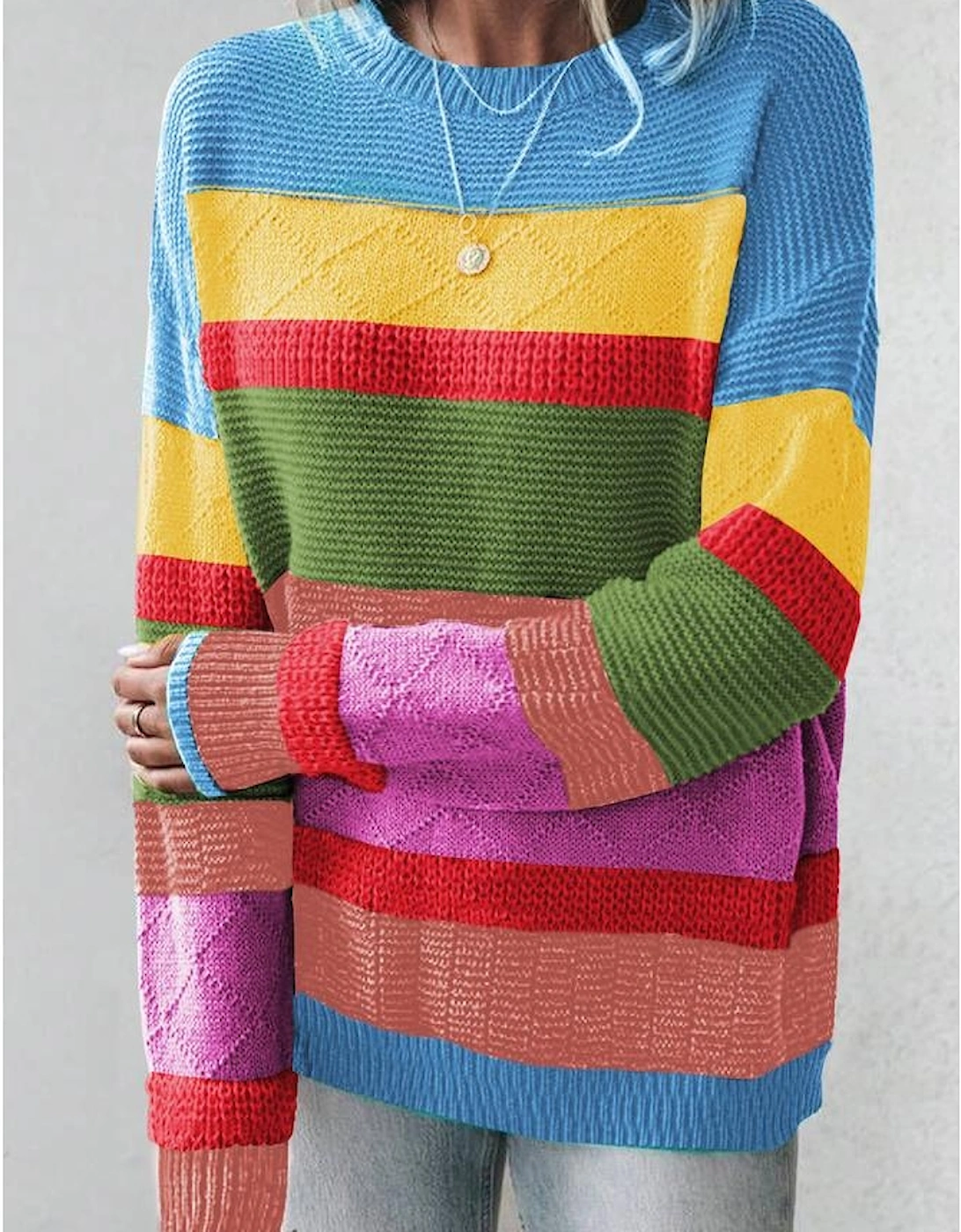 Light Blue Colorblock Mixed Textured Drop Shoulder Sweater