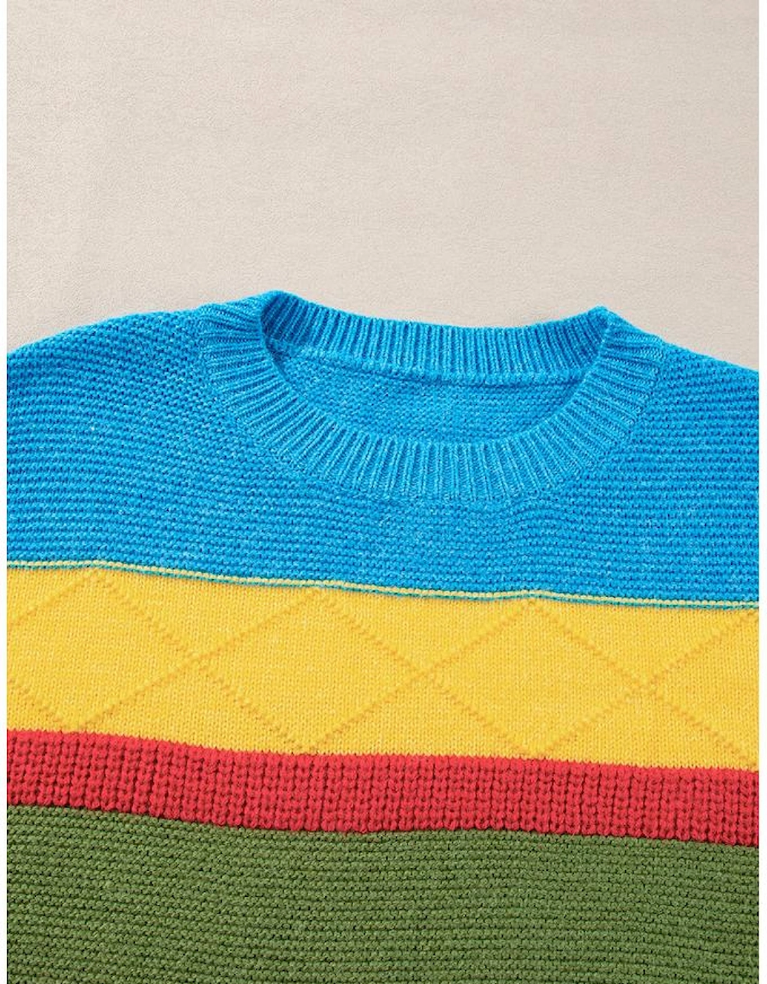 Light Blue Colorblock Mixed Textured Drop Shoulder Sweater