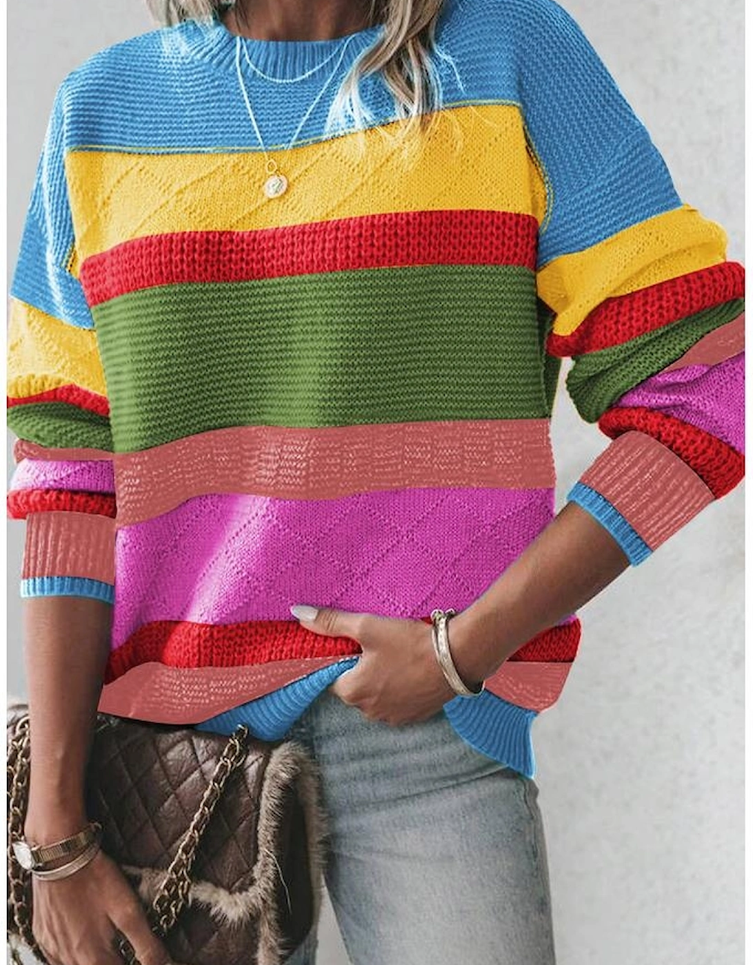 Light Blue Colorblock Mixed Textured Drop Shoulder Sweater