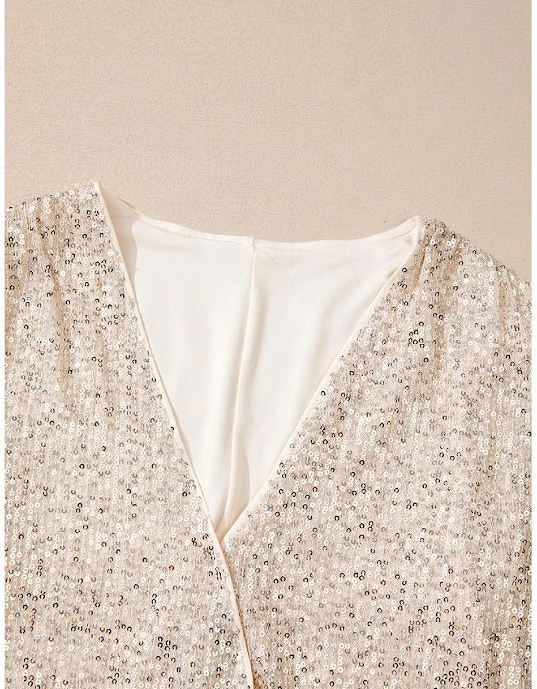 Beige Sequin Long Sleeve Wrap V Neck Bodysuit